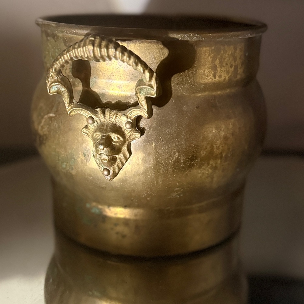 Vintage Brass Rams Head Planter MCM